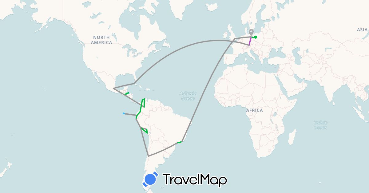 TravelMap itinerary: driving, bus, plane, train, boat in Brazil, Chile, Colombia, Cuba, Germany, Ecuador, United Kingdom, Guatemala, Honduras, Mexico, Peru, Poland (Europe, North America, South America)